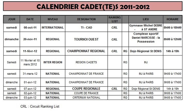 Calendrier saison 2011-2012